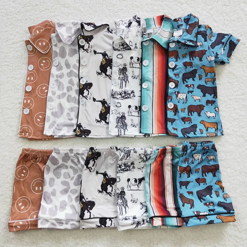

Boutique silk pajamas for children western design short sleeves shirt with shorts two piece outfits kids clothing set