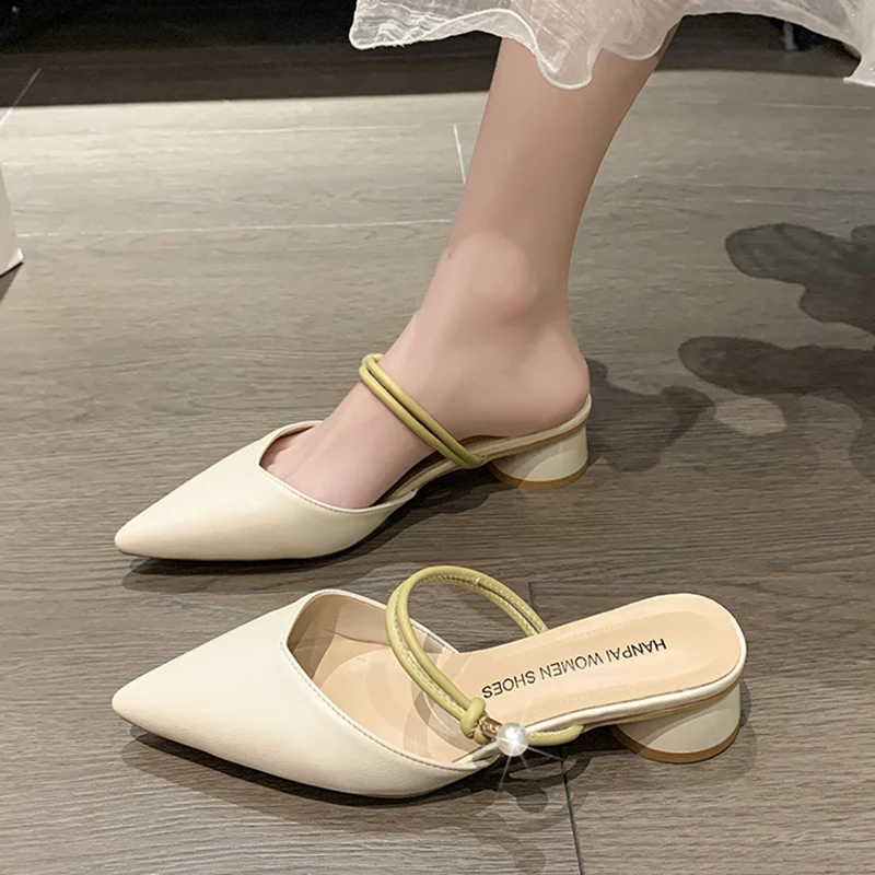 Summer Mules Shoes Woman 2023 New Korean Fashion Outdoor Heeled Mules Slippers Women Sandals Design Pointed Toe Dress Shoes