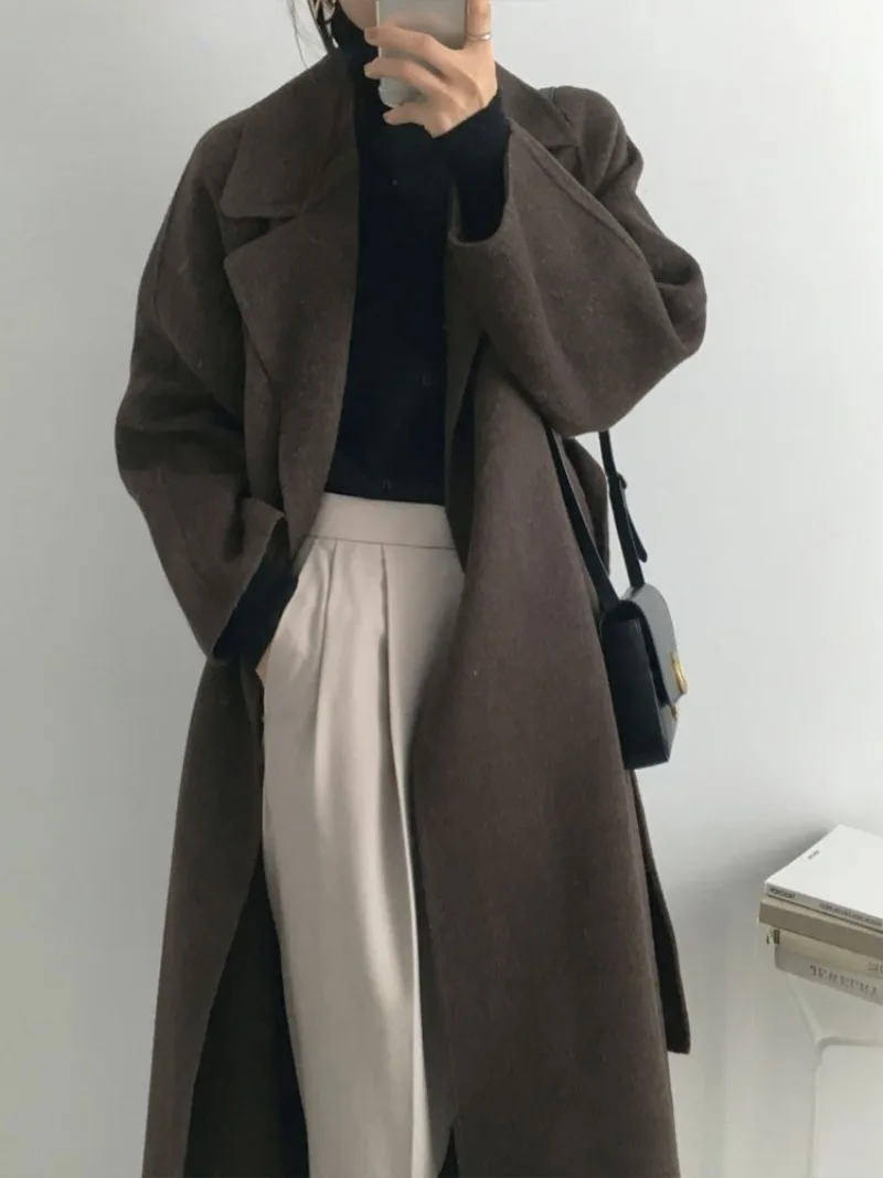 

Женское шерстяное пальто в стиле ретро, свободное повседневное длинное пальто во французском стиле, свободное теплое пальто с классическим поясом, новинка зимы 2023