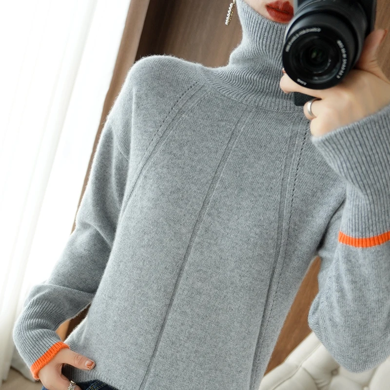 

100% Pure Wool Cashmere Sweater Autumn/Winter 2021 High-neck Contrast Bottoming Shirt Casual Knitted Plus Size Tops