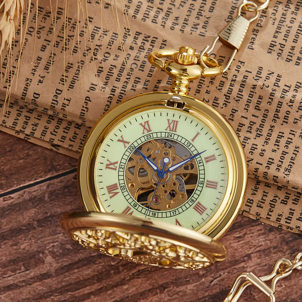 Mens Golden Pocket Watch Bird Badge Dial Mechanical Pocket Watch Roman Numeric Scale Best Gifts Clock Male Support Dropshipping