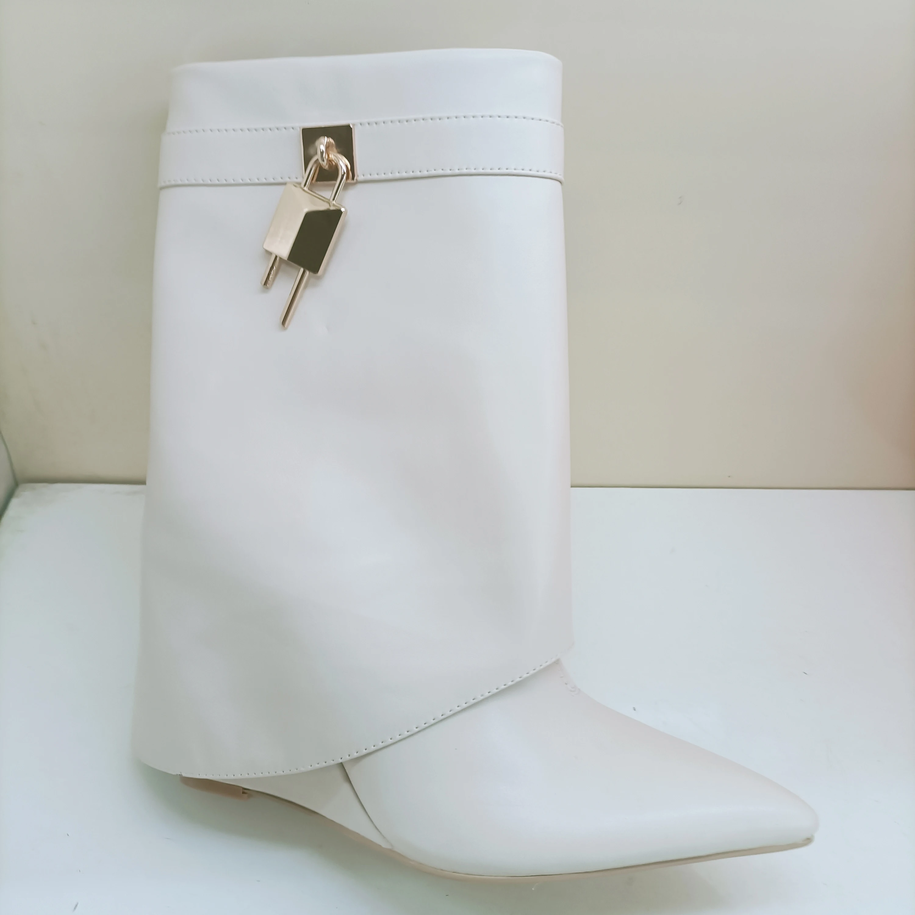 Black Fold Knee Women High Heel Boots Shark Lock Decor Women Wedge Heel Boots Pointed Toe Big Size Long Boots Mujer Chaussures