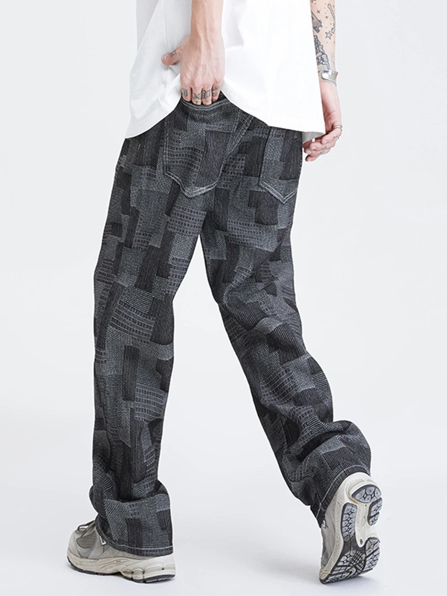Four Seasons Men's High Street Retro Jeans Plaid Patch Ins Casual Loose Straight Wide Leg Pants Fashion Streetwear Ins Hot Sale