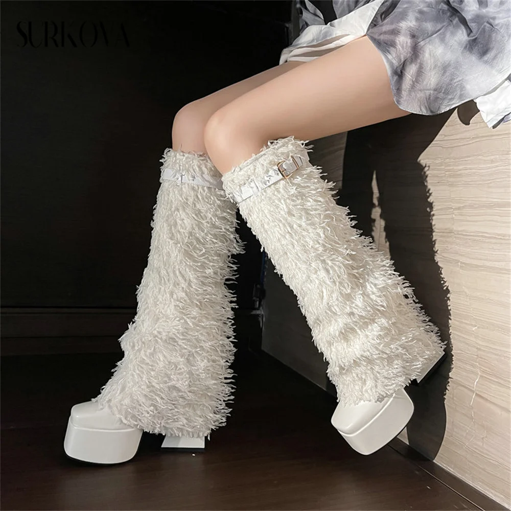 Women's Boots Fur Boots Autumn Winter New Square Toe Thick Heel Super High Heel Belt Buckle Women's Knee High Boots Cotton Boots