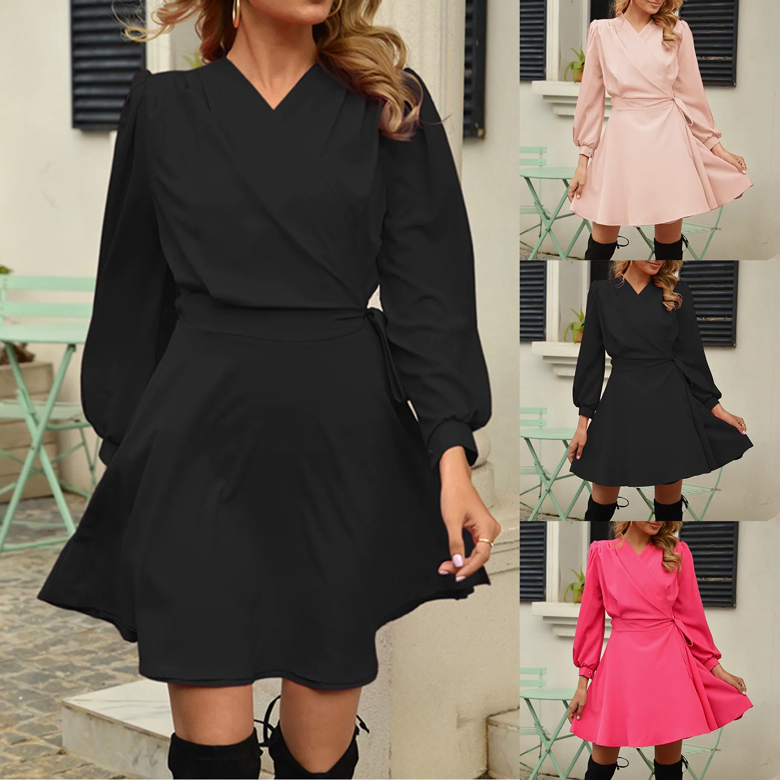 

Женское мини-платье с длинным рукавом, однотонное летнее платье с поясом и цветочным принтом