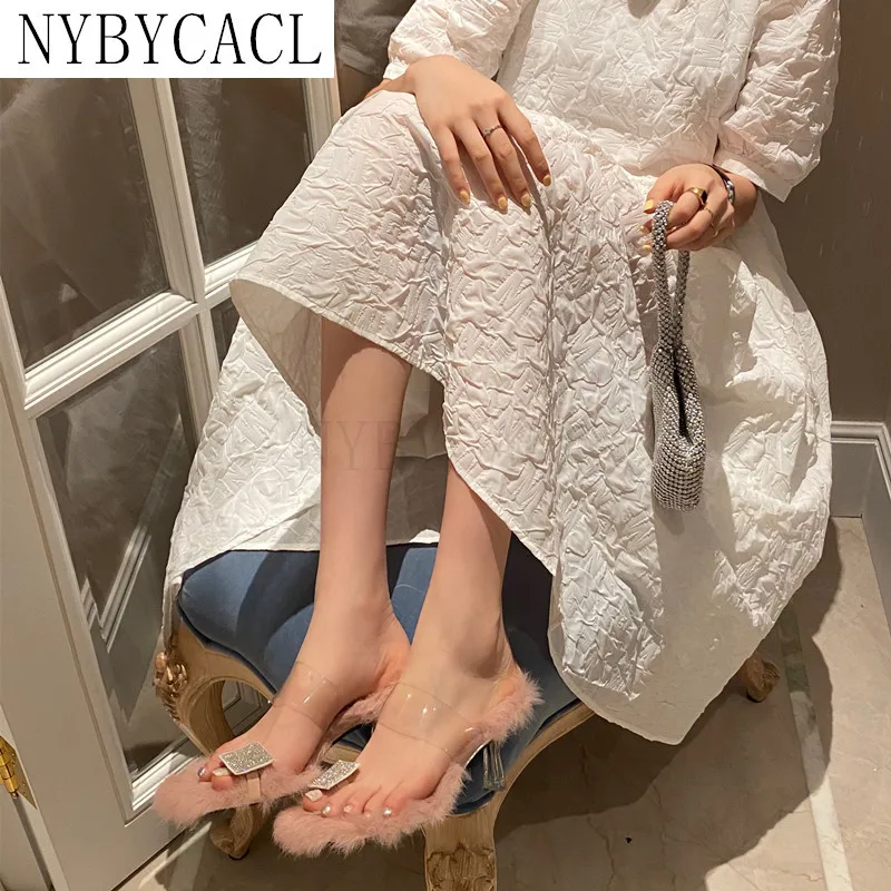 2022 Summer Design Women Slippers Ladies Sexy Flip Flop Furry Fur High-Heeled Slides Party Rhinestone Woman Pumps Shoes