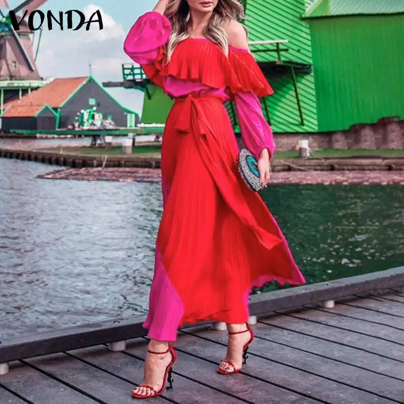 

VONDA 2022 Spring Red Vestidos Oversized Women Summer Off Shoulder Robe Long Sleeve Holiday Pleated Dress Patchwork Maxi Sundrss