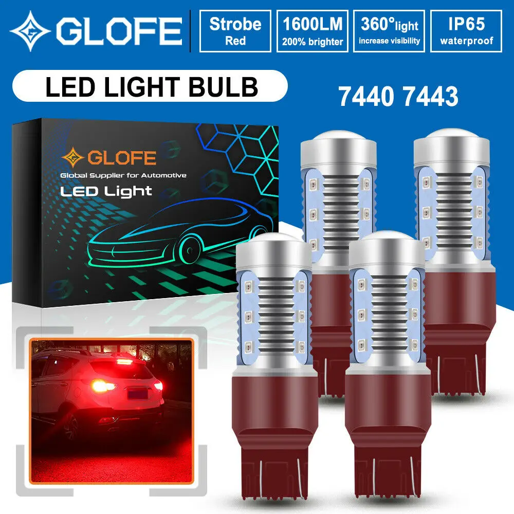 

4X Red 7443 Led Strobe Flashing Blinking Brake Tail Light/Parking Warning Bulb