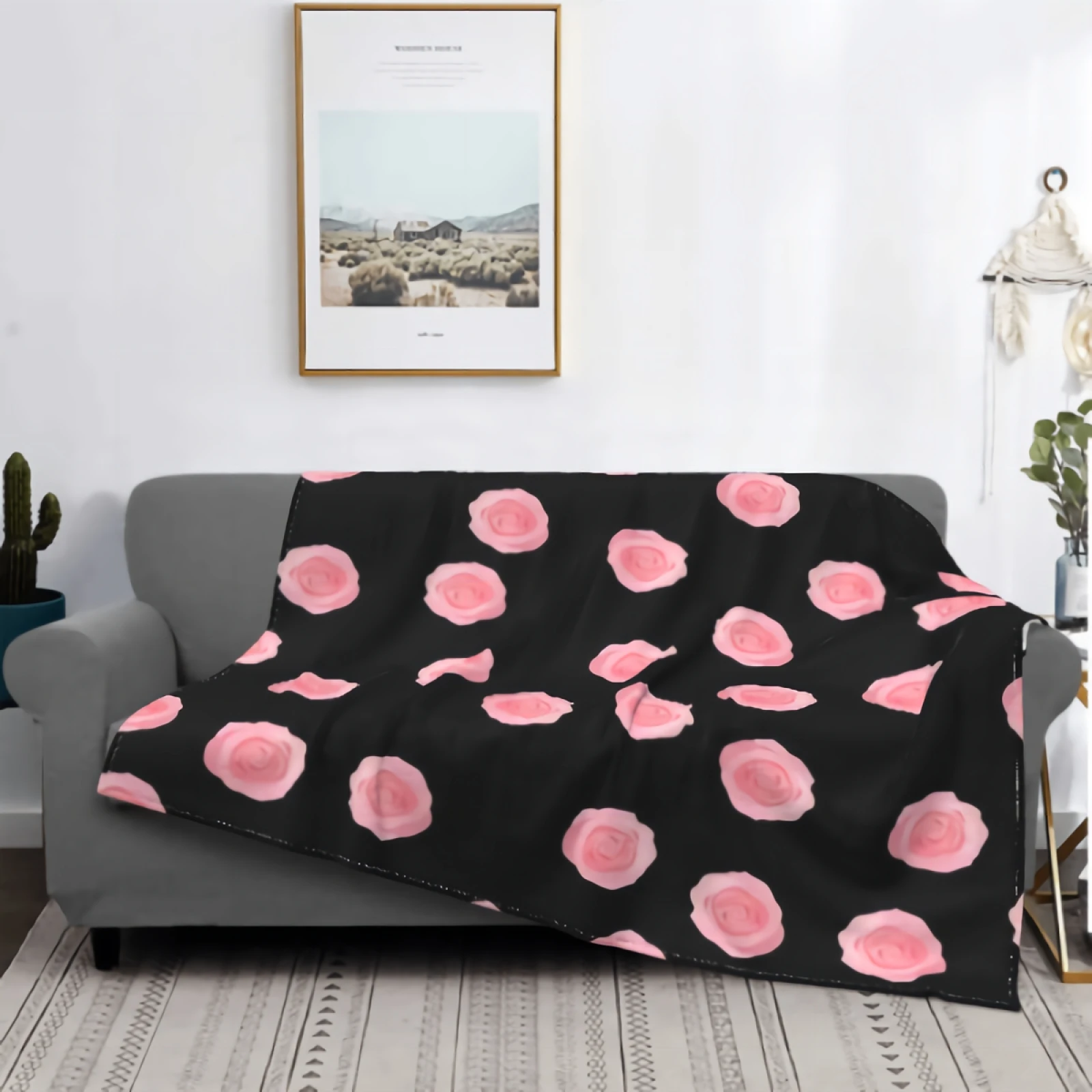 

Watercolor Rose Flower On Black Background Throw Blanket Pink Rose Flower Bouquet Lightweight Flannel Fleece Blanket for Home