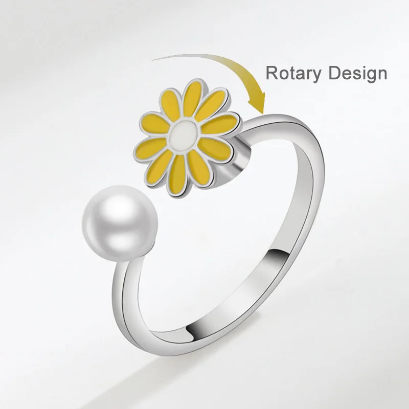 

Rotatable Daisy Pearl Rings for Women Girls Creative Design Relief Anxiety Ring Small Fresh Flower Aesthetic Jewelry Luxury Gift