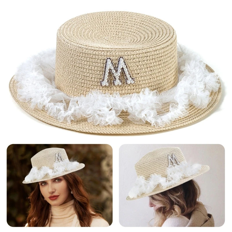 

L93F Lace Sun Cap with Letter Embellishment Protects from UV
