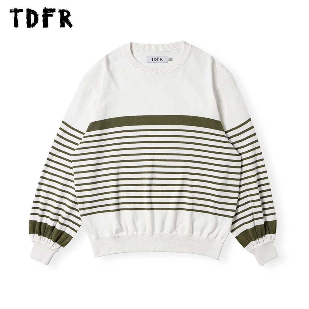 

Contrast Paneled Striped Sweater Mens Autumn Winter Casual Loose Crew Neck Lantem Sleeve Sweater Men Pullover