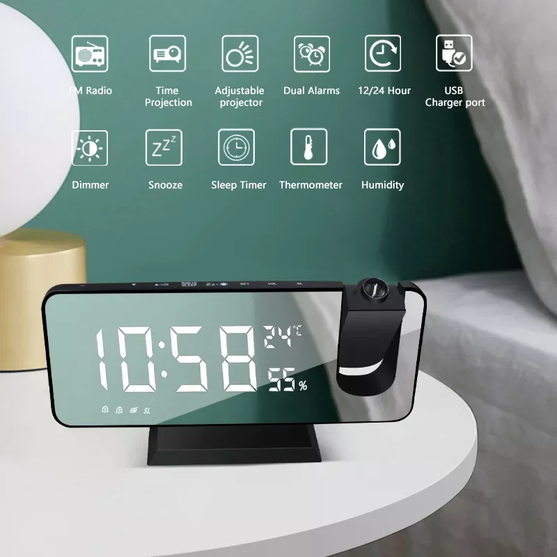 

LED Digital Alarm Clock Table Watch Electronic Desktop Clocks USB Wake Up FM Radio Time Projector Snooze Function 2 Alarm