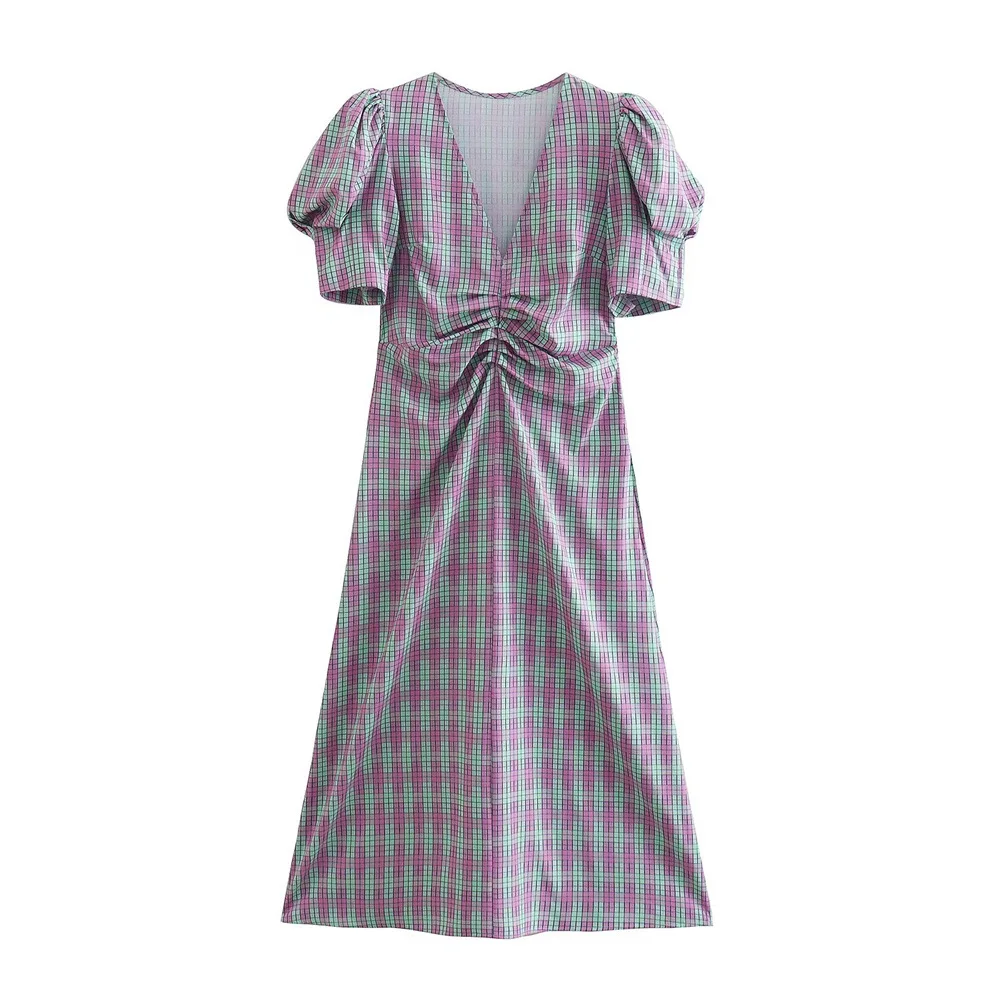 

PB & ZA 2022 Spring/Summer New women's clothing elegant fashion plaid printed V-neck pleated design bubble sleeve long dress