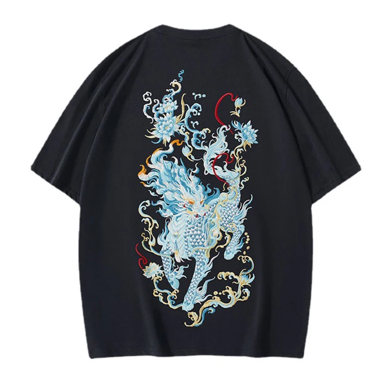 

Ancient Monsters Kylin Embroidery T Shirt Men Fashion Cotton Short-sleeved T-shirt Male Clothing Casual Large Summer Top Tee New