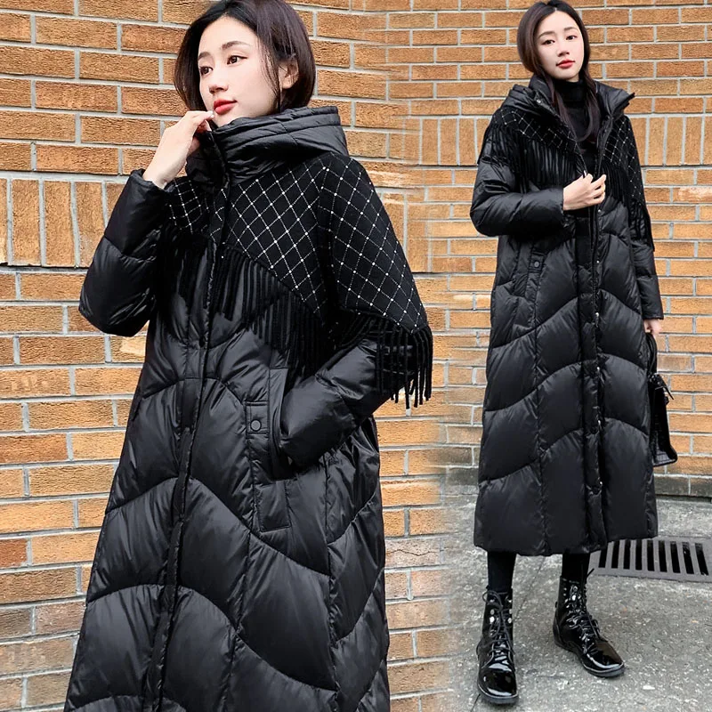 

2022 Winter Women's Loose Long Down Jacket Female Black Tassel Stitching 90% White duck down Coat Hooded Windproof Parka Outwear