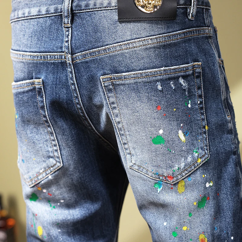 Streetwear Fashion Men Jeans Retro Blue Elastic Stretch Skinny Ripped Jeans Men Painted Designer Hip Hop Stretch Pants Hombre