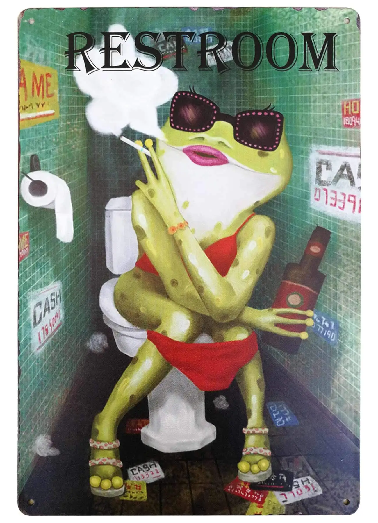

Funny Frog Smoking Drinking on Toilet Restroom Sign for Bar Pub Bedroom Decor Bathroom Art Wall Plaque 8X12 Inches
