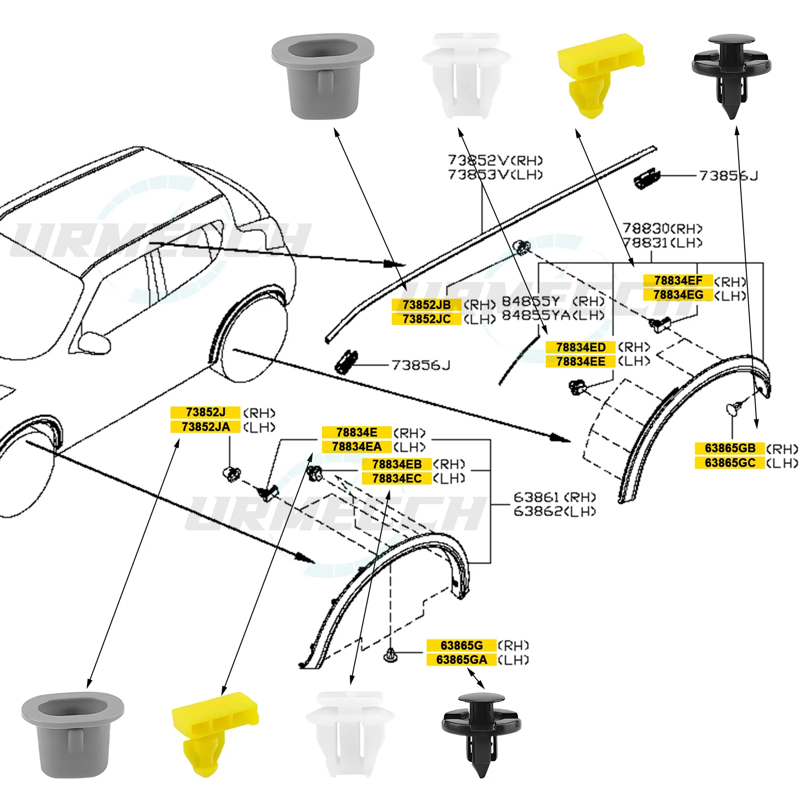 46 шт. фиксаторы для накладки колесной арки Nissan Armade Juke Murano Rogue Infiniti QX56 QX80 01553-09321