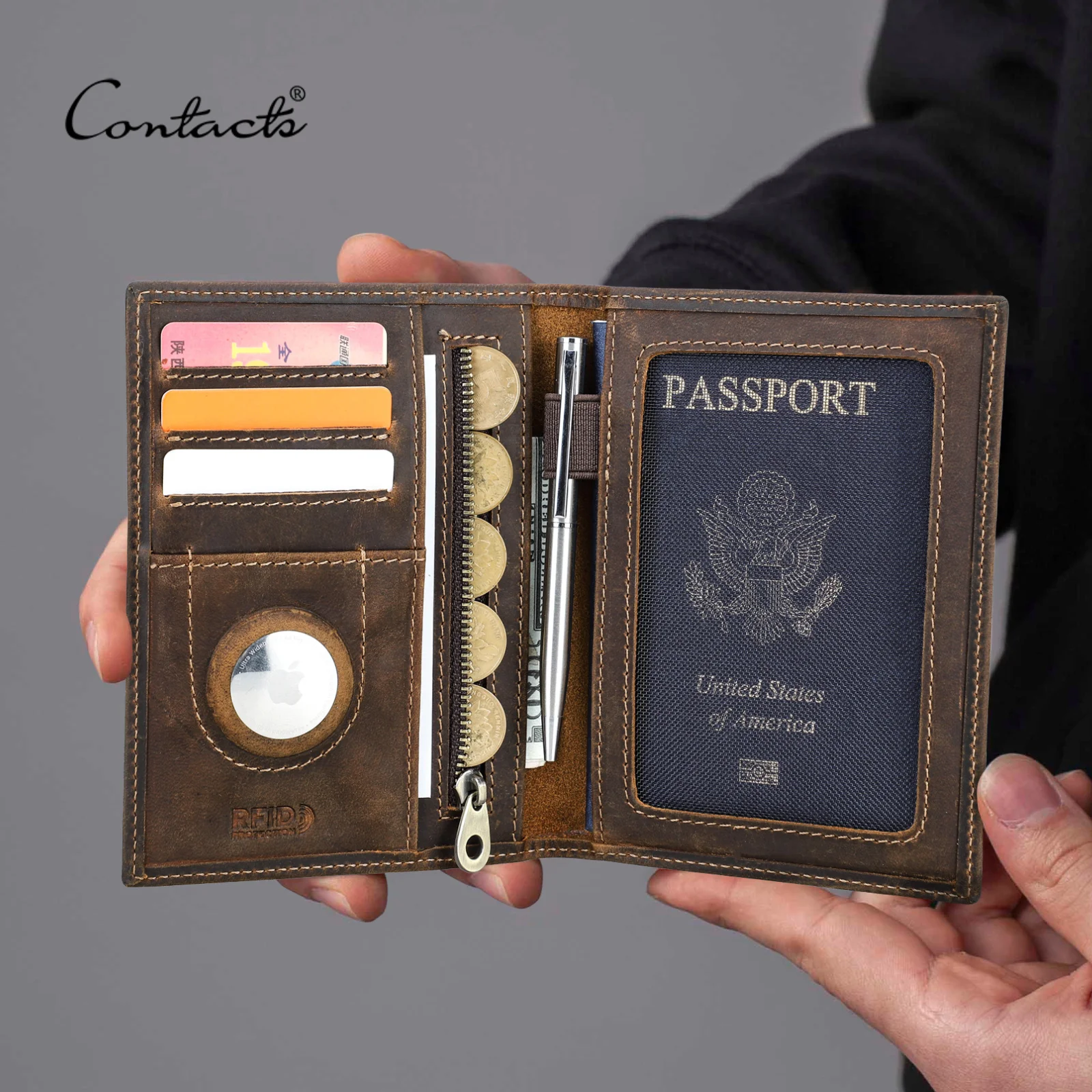 Фото Кошелек для паспорта CONTACT'S из натуральной кожи, модный мужской кошелек с RFID-защитой для кредитных карт, зажим для денег, женский дорожный кошелек с защитой от потери и держателем для AirTag №1