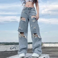 summer 2022 new womens clothing street style fashion hole loose loose and thin american casual denim trousers