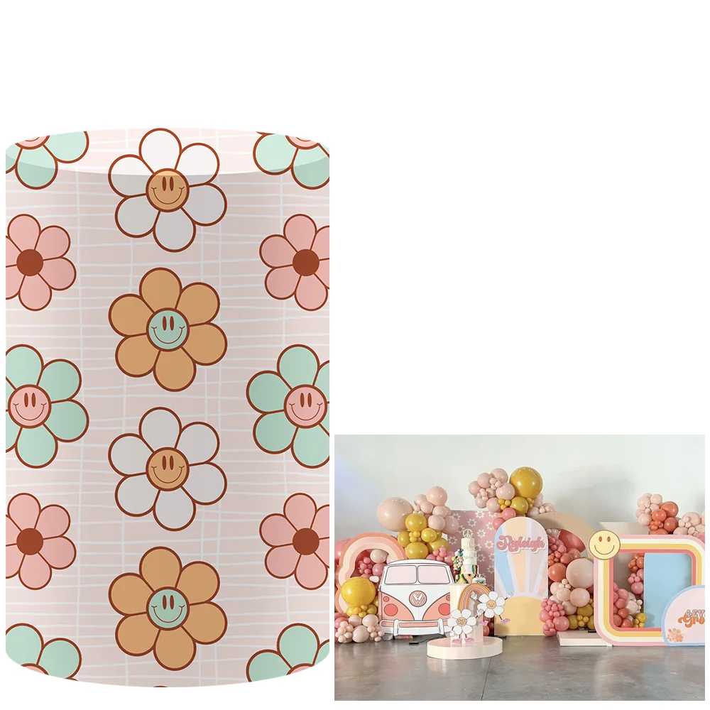 

Groovy Colorful Floral Print Theme Cylinder Cover for Birthday Parties, Wedding and Baby Shower Party Decoration Props