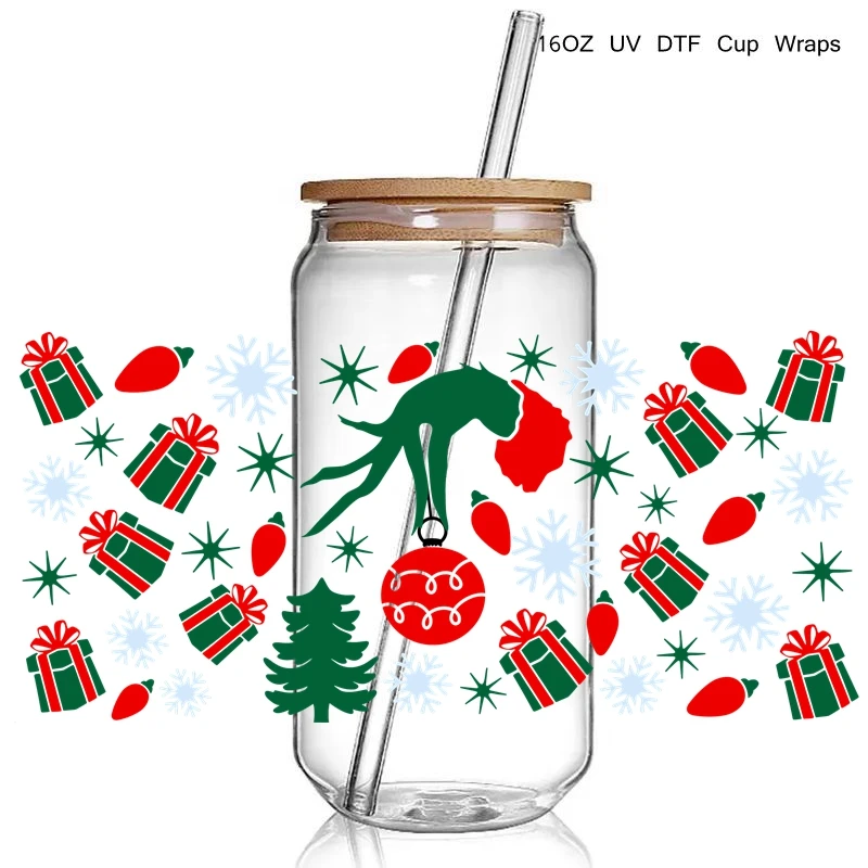 

30 + Новый красивый милый Рождественский дизайн 3D УФ DTF чашка обертка переводные наклейки водонепроницаемый 16oz стекло Рождественский УФ DTF обертка