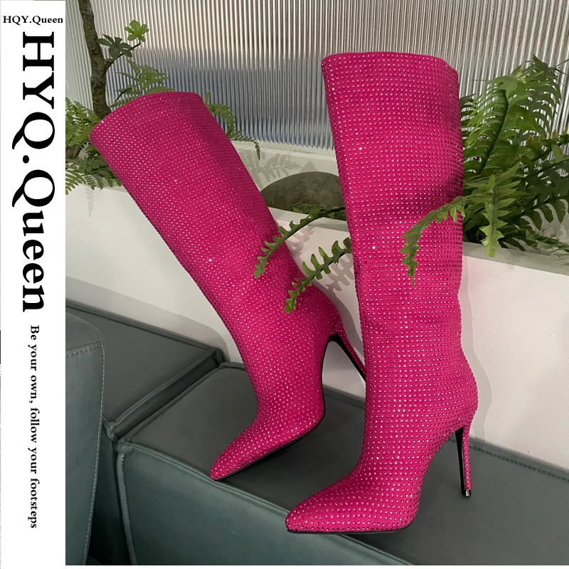 

Fashion Footwear Slip On Ladies Long Boots Female Bling Western Women Knee High Boots With Thin Heels Shoes Rhinestones Pumps