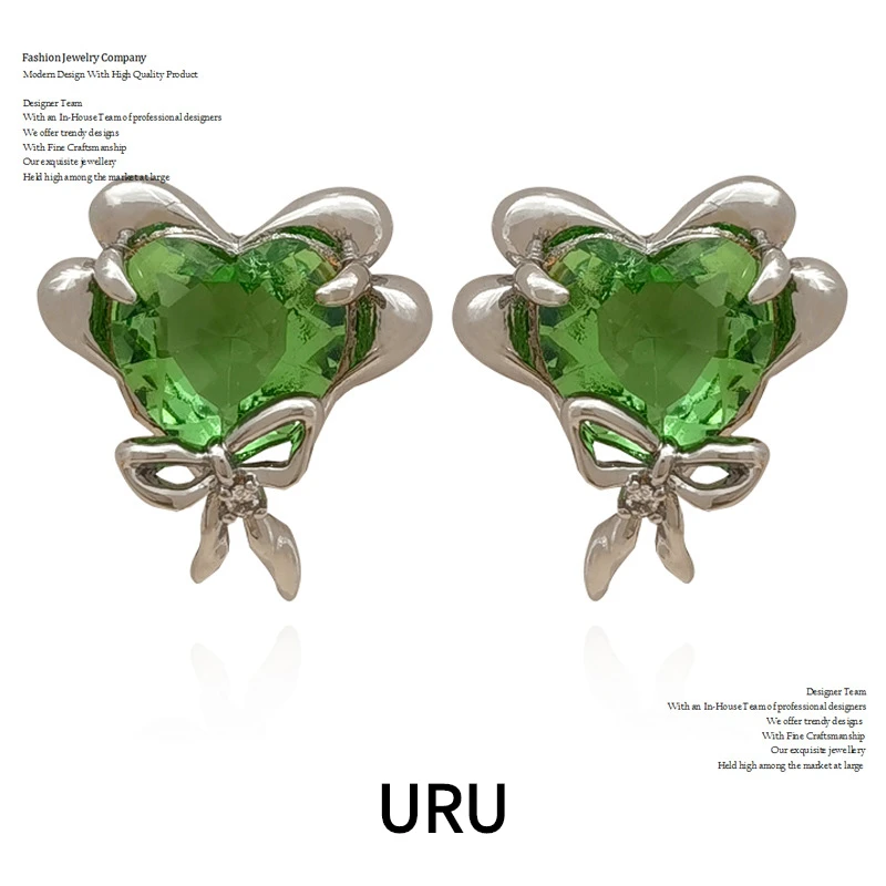 

Modern Jewelry 925 Silver Needle Luxury Vintage Temperament Green color Heart Earrings For Women Girl Bowknot Accessories