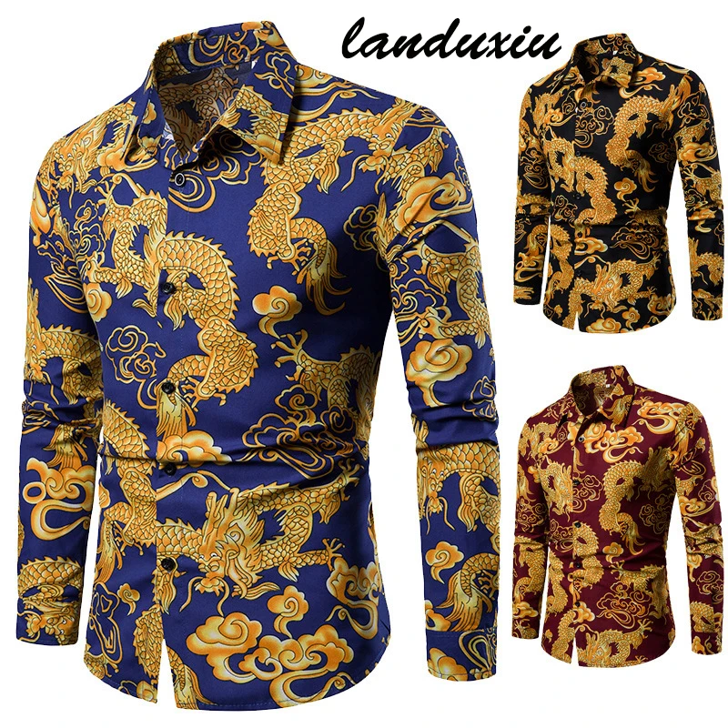 

2022 Men New Men's Brand Trend Chinese Dragon Printed Casual Daily Soft Long Sleeve Shirt landuxiu