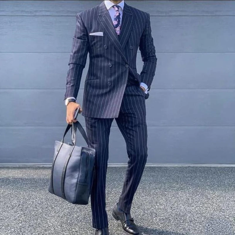 Navy Blue Pinstripe Male Suit 2022 Double Breasted Tuxedos for Men Slim Fit 2-Piece Formal Business Men Clothing Costume Homme