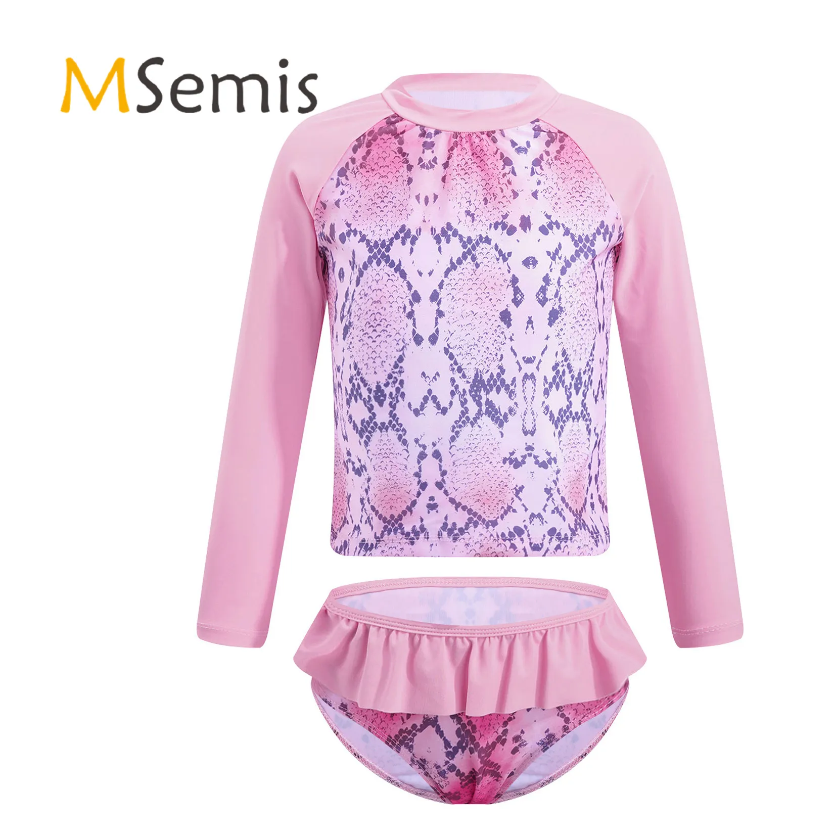 

Kids Girls Tankini Rashguard Swimsuit Long Sleeves Fish Scales Printed Swimwear Swimming Bathing Suit Set Tops with Bottoms