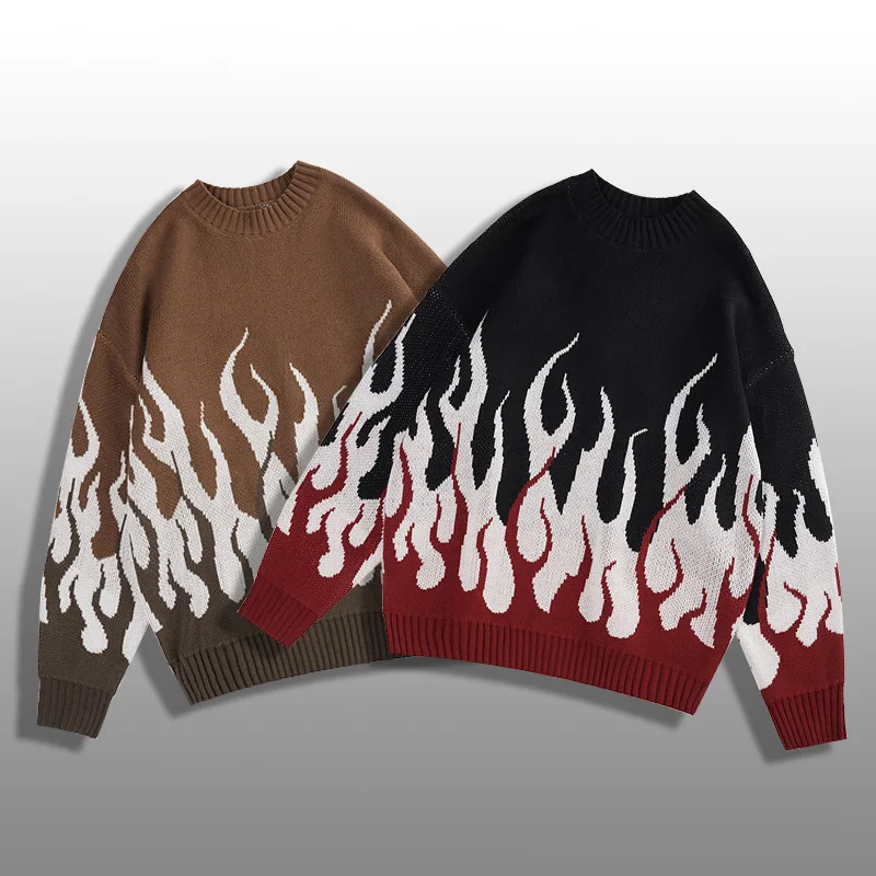 2022 Autumn Men Sweater New American Street Tide Personality Flame Round Neck Loose Knitted Sweater Men's Tide Brand Sweater