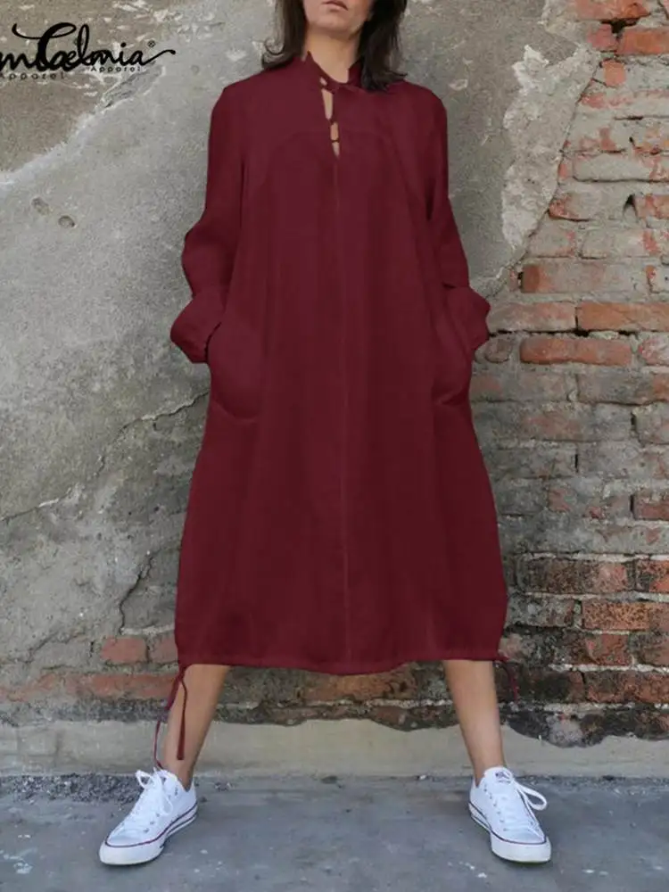 

Celmia винтажное платье-рубашка с длинным рукавом 2022 Модные Женские однотонные Повседневные платья миди с карманами пикантное вечернее плать...