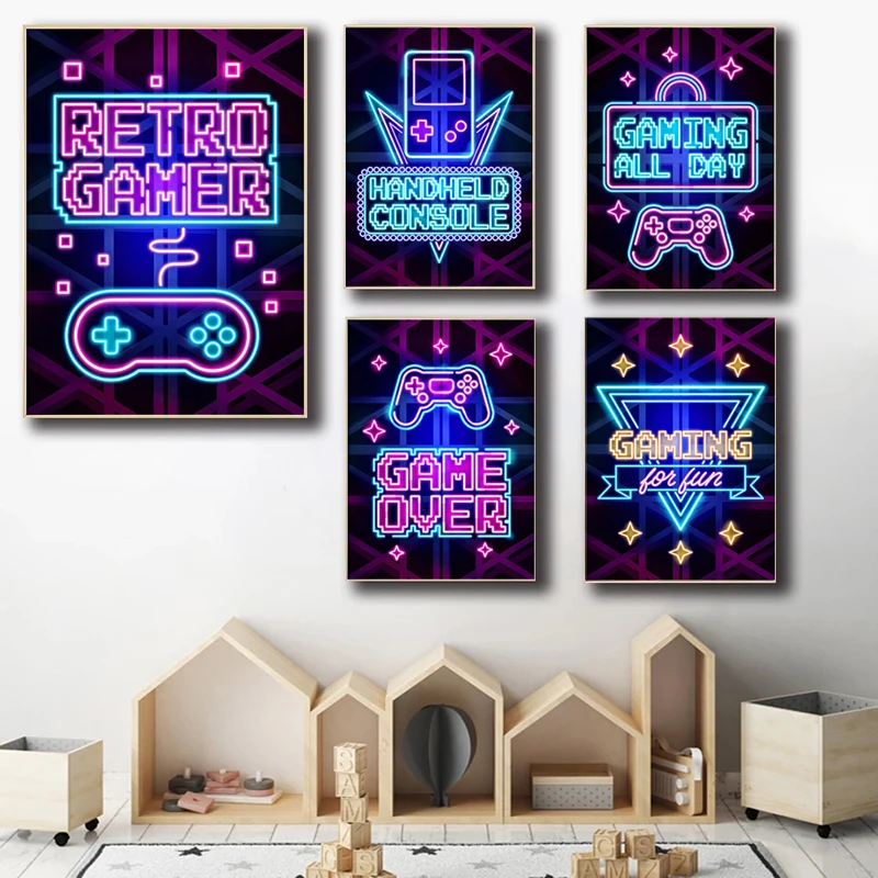 

Gaming Room Decoration Neon Poster Wall Art Video Game Canvas Painting Playroom Decor Picture for Gamer Boy Bedroom Prints Decor