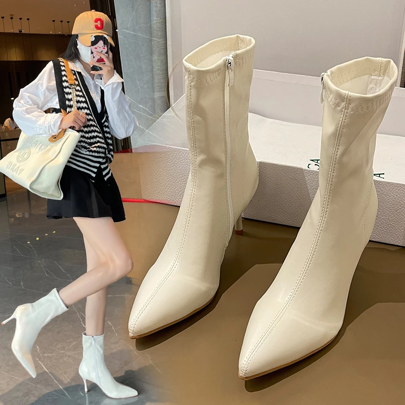 

White Short Boots Women's High-heeled Martin Boots Women's French Stiletto Mid-tube Thin Boots Pointed Elastic Boots Women