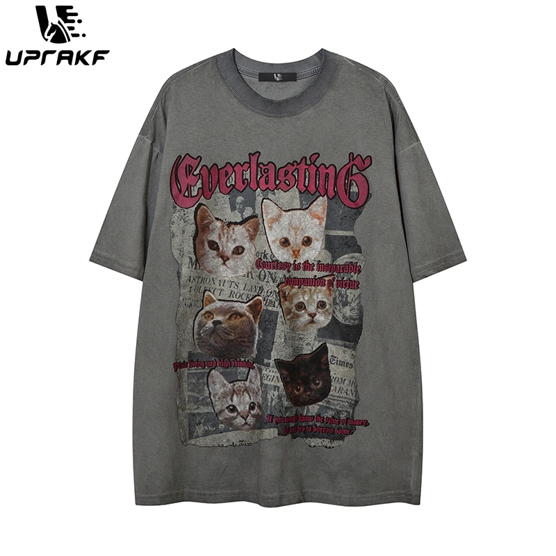 

UPRAKF Kawaii T Shirts Cute Cat Print Graphic Dark Gothic Tees Loose Street Lazy Oversized Short Sleeve Top 90s vintage clothes