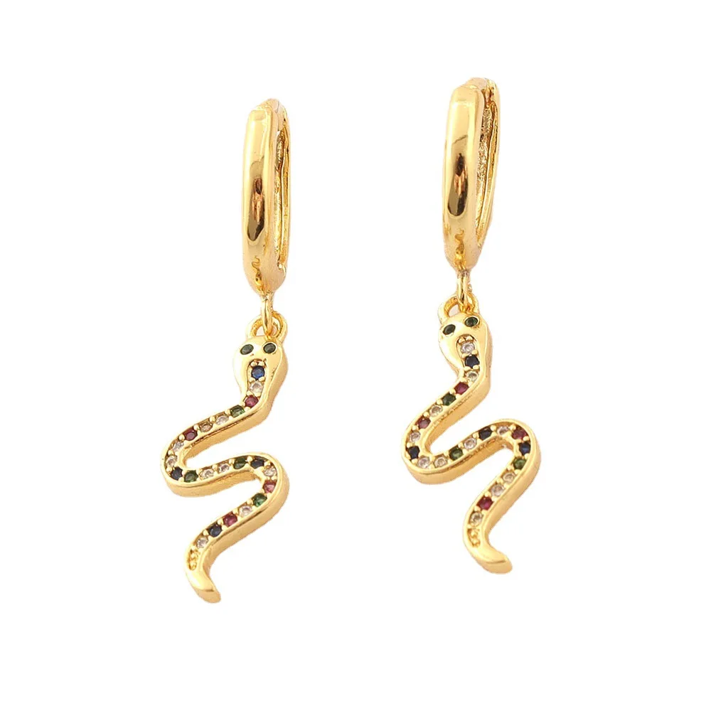 

LuxHoney Fashion Gold Plated Snake Shape with Colored Zircon Inlaid Pendant Leverback Hoop Dangle Earring for Women OL In Party