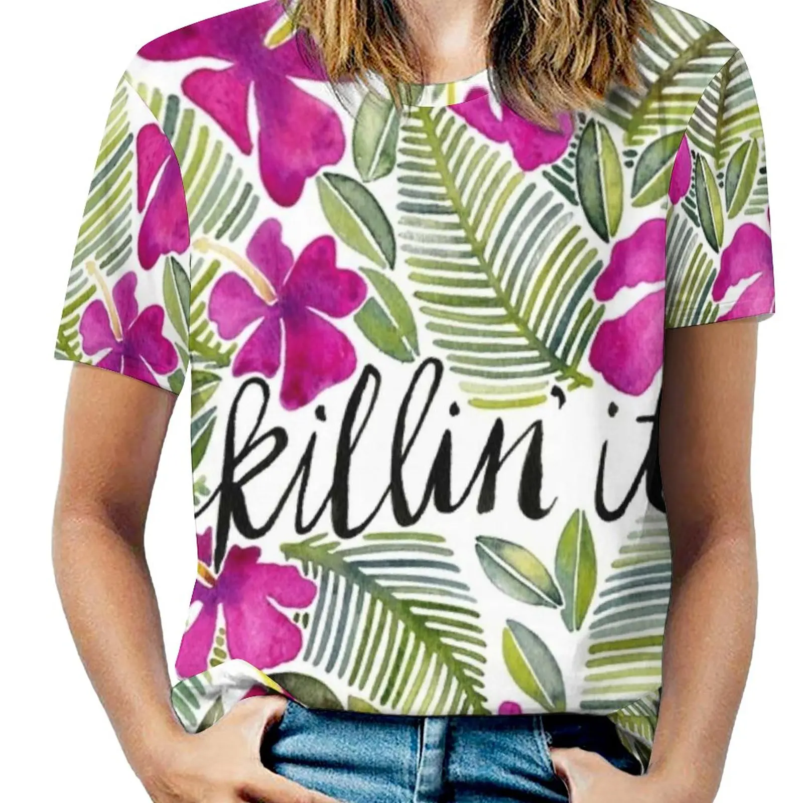 

Killin' It – Tropical Pink Women T-Shirt Crewneck Casual Short Sleeve Tops Summer Tees Tropical Killing It Killin It Quote