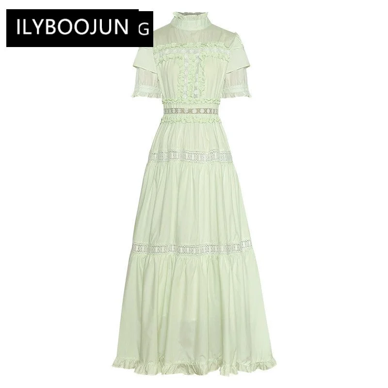 

Женское винтажное длинное платье-трапеция, дизайнерское однотонное платье принцессы с воротником-стойкой, оборками и вырезами, лето