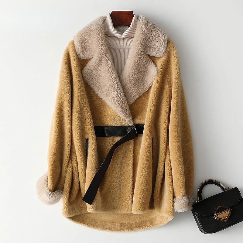 

Winter Women High Quality Coat Luxury Lamb Wool Jacket Loose Turndown Collar Over Thick Warm Female Sheep Shearing Y884