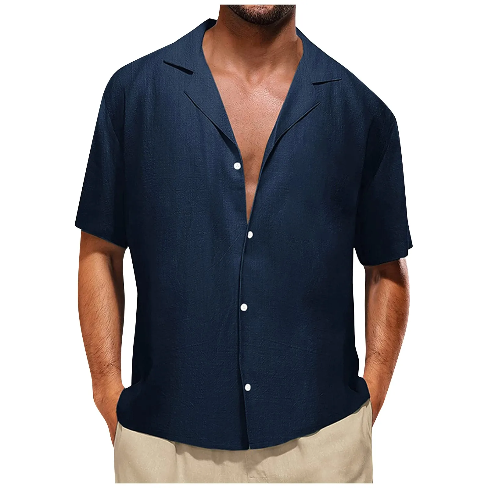 

Рубашка мужская с отложным воротником, сорочка из хлопка и льна с короткими рукавами, Повседневная однотонная, на пуговицах, одежда для отдыха, лето