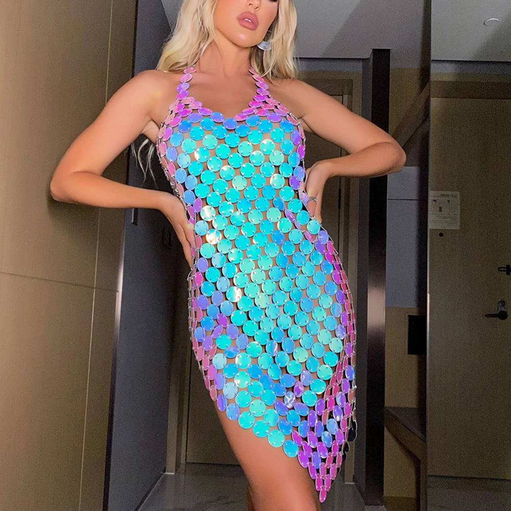 

Sexy New Multicolor Big Sequins Dress V Neck Body Jewelry Chain Women Backless Slit Dress Masquerade Stage Show Party Costumns
