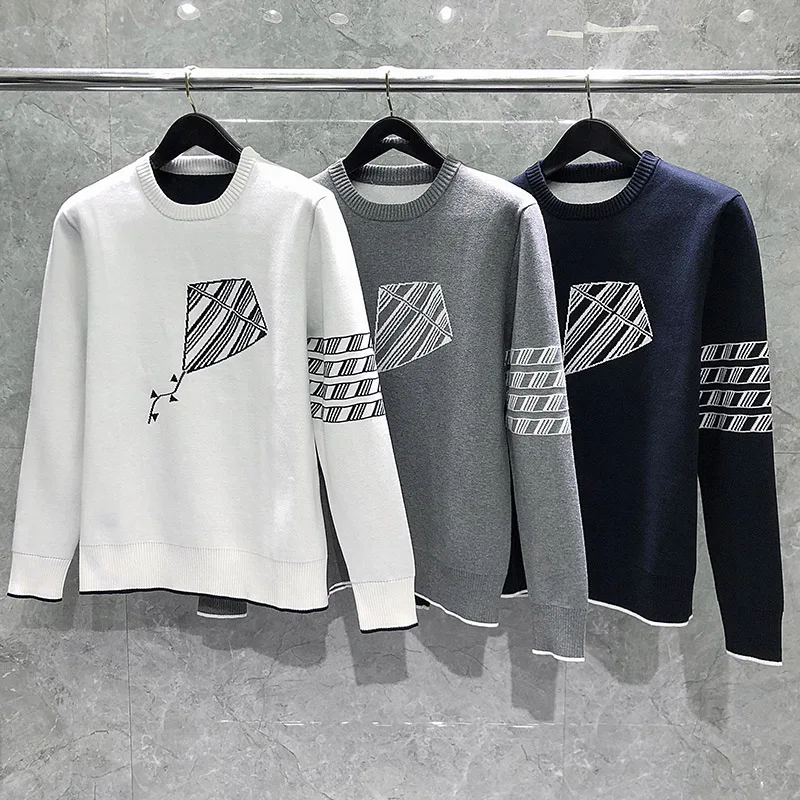 TB THOM Men‘s Sweater Korean Designer Kite Embroidery Pullovers Sweaters Casual Knitwears 4-Bar Stripes Crewneck Men Clothing