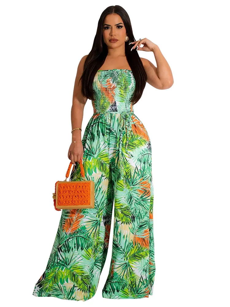 

Sexy Prints Strapless Corset Wide Leg Jumpsuit For Women Night Club Outfits Party Evening Backless Loose Folds Long Jumpsuit