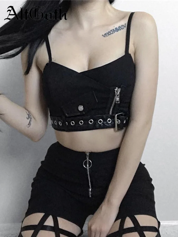 

AltGirl Mall Goth Grunge Camis Women Streetwear Harajuku Pu Zipper Patchwork Crop Tops Dark Academia Emo Alternative Techwear