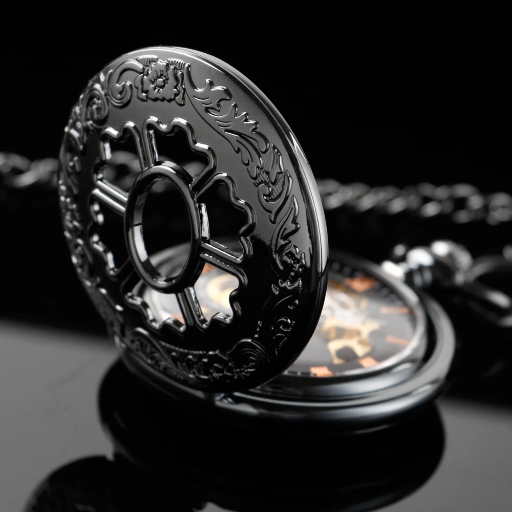 Black Petal Hollow-Out Design Mechanical Manual Pocket Watch Roman Digital Skull Dial Pendant Automatic Antique Clock