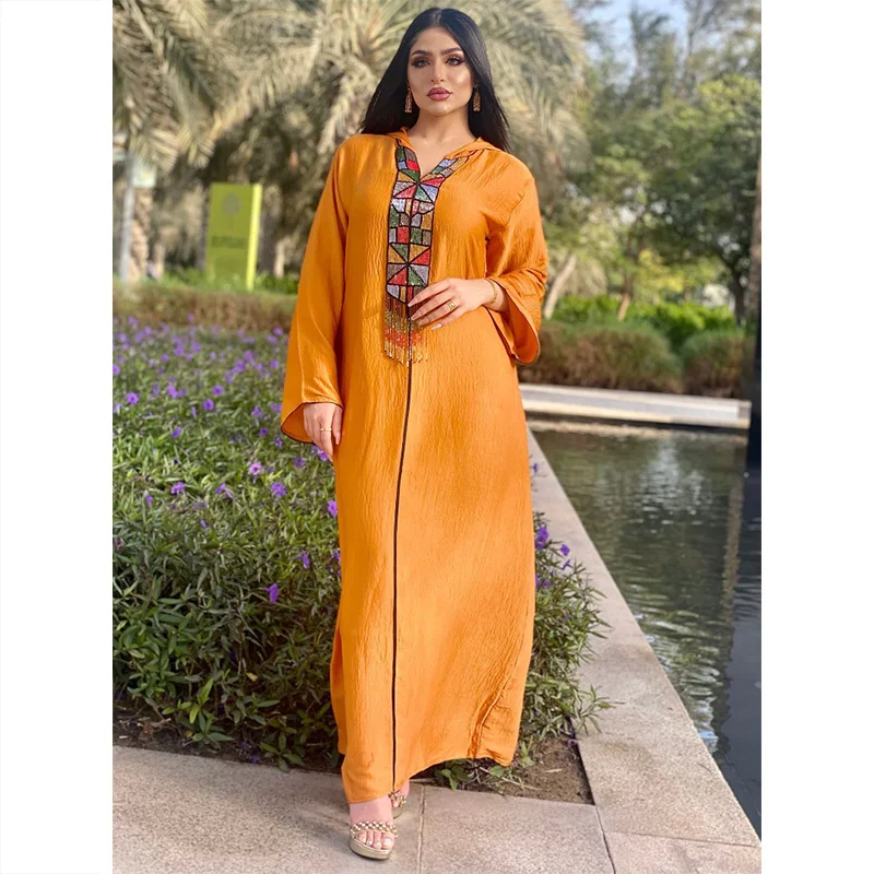 Middle East Muslim Women's Diamond Tassel Hooded Arab Robe Abaya Dubai Jalabia Dress Robe Femme Musulmane Abayas For Women
