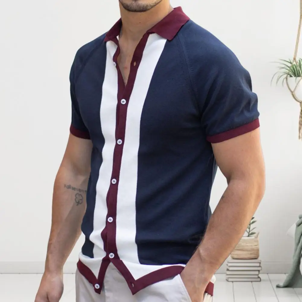 

Men Shirt Formal Short Sleeevs Slim Fit Contrast Color Single-breasted Summer Formal Leisure Tops Business Men's Clothing