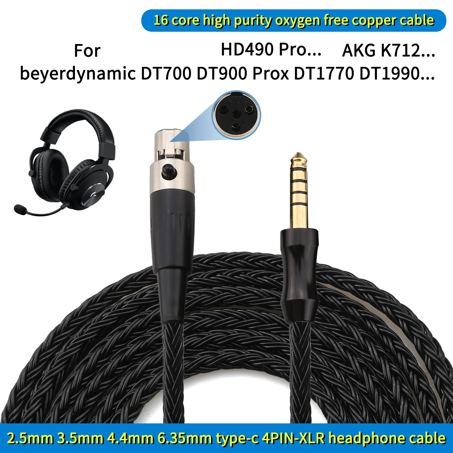 Фото 16-жильный кабель Mini XLR для наушников AKG K712 K702 Q701 HD490 PRO DT990 DT770 ATH R70x, опционально 4.4/3.5 мм №1